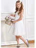 Ivory Pearl Beaded Lace Tulle V Back Flower Girl Dress